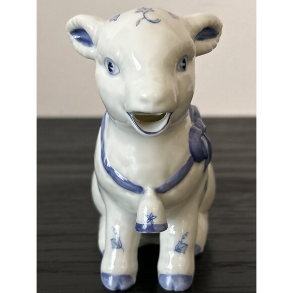 VTG 1986 Lamb/Sheep Shaped Porcelain Creamer Blue/White Floral Bell & Bow - Picture 5 of 9